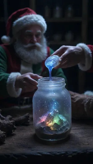 Wide angle, Seal the nothern Lights in a jar, the jar is glowing, Santa Claus puts the nothern Lights in the jar in his hand, <lora:Glowing_Nature:.8>, <lora:dark:.8>