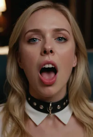 (masterpiece:1.2), (best quality:1.2), (highly detailed:1.2), a young woman, (blonde hair:1.1), blue eyes, (open mouth:1.2), (tongue visible:1.1), (tears on face:1.1), wearing a "SLUT" collar, (partially visible black couch in background:.8), close-up shot, professional photography style, soft lighting, warm color scheme, 8k, ultra sharp, facing forward, slightly upward angle