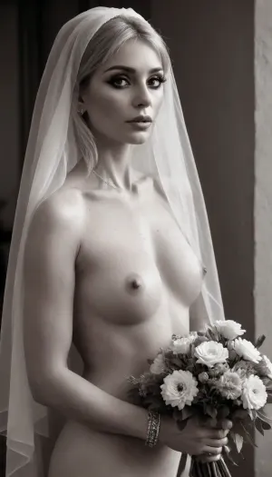 19th century vintage, (nude:1.7), mature Polish Milf, 60yo, granny, posing like a model, showing hairy armpit, (veil:1.9), heavy wrinkles, rich house, rich bedroom, posing, near the window, (monochrome:1.6), victorian photography, skinny MILF, Deanna Troi face, squared face, long face, prominent nose, light eyes, view from behind, very straight long hair, veiled hair and part of body, very blond hair, countess, (holding a rich flower bouquet in hands:1.9), long rich veil on head, real Diva, Light Blonde, burlesque diva, snub nose, long chin, austere, seductive, sensual, small tits, very intense look, slender MILF, long pearl necklace, pearl bracelet, 59yo, well defined body, showing armpits, showing curves, untrimmed hairy pussy, long legs, monochrome squeezing tits, 58 years old, seductive look, outdoor, on ancient balcony on a seaside, in autumn, arched back, slender ass, Venus dimples, full body view, transparent veil along her body, gold necklace, gold bracelets, veined hands, long nails, high arches, veins on feet, teasing feet, high heels stiletto mules, black and white, sepia, full body view from head to toe, wrinkles on face, high cheekbones, skully face, long arched face, (light eyes:1.6), long nose, wide nose, wide chin, wrinkles, freckles, blemishes, seducing pose, dissimulating indifference, from behind, one hand caress wall as if it was a giant cock, asymmetric pose showing hip curve, smoking a cigarette, intense look, look afar, smoking, smoke, coming, out, of, the, mouth, <lora:Smoking_Babes_XL_V2:.8>