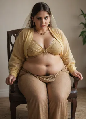 (((1 woman))), (hairy genitals:1.4), ((((male genitalia)))), to a woman sitting in a chair. The woman is plump, (obese:1.1), well-dressed, yellow cardigan, leggings and has a fashionable hairstyle and makeup., Arabian, Belly, dancer, outfit, Cropped, top, Transparent, Veil, Face, Loin, Cloth, Skirt, Pants, <lora:Anime_Arabic_Belly_Dancer_Style:.8>