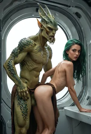 alien sex species, 20 years old, skinny, green hair, loin cloth, natural breasts, sexy pose on command console of space ship, green slimy scales on skin, being fucked from behind by alien beast, bending over, looking back, bright green alien eyes, large window behind showing dark outer space.