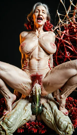 Masterpiece, ultra-high definition, rich color palette, full-length view, (69-year-old woman:1.8), cute with short black hair, slim figure, very large, sagging breasts, sexy buttocks, orgasm, screams., (((A monstrous dark red iguana))), vaginal sex, Onarmor, meat shield, fanny pack, woman, breasts, big, spread, legs, internal ejaculation, very hairy pussy, naked, body, close-up, <lora:onarmor_xl:1>