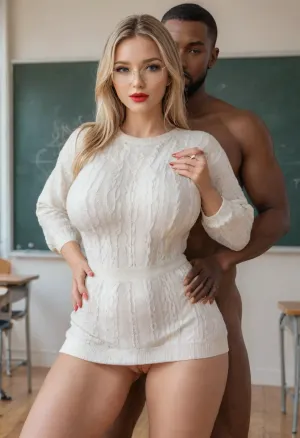 (Photorealistic masterpiece, best quality), (((interracial couple sex))), ., 1woman, fully clothed, (beautiful:1.8), sexy 40yo, blonde, French, (curvy:1.7), ultra-wide hips, thick thighs, big bubble butt, shaved legs, soft skin, detailed asymmetrical face, bright blue eyes, long natural eyelashes, no skin blemishes, sexy big glasses, perfect heavy makeup, red lipstick, perfect covered breasts, (natural, medium, soft, teardrop breasts hidden inside clothing), protruding nipples, perfect detailed hands, red nails, (diamond sparkling ring), perfect pussy, wearing a short sweater-dress. Standing, sexy fucking, S-Curve modelling position, one leg slightly raised, leaning forward slightly, looking at the viewer to tease, hands resting on her own hips, standing doggystyle sex, (fucked from behind), by 1man, Black African, perfect detailed eyes, brown eyes, tall, muscular, standing behind her, male model face, attractive, modern male hairstyle, detailed masculine hands, his hands are groping her thighs. classroom doorway setting, soft natural lighting, bright windows in classroom, natural dynamic reflections, captured with award-winning camera, UHD, hyperdetailed, photo realistic, hyper realism, key visual, intricate detail, highly detailed, vibrant, exciting, lots of shadows, romantic, masterpiece, knitted, sweater, dress, tight, dvr-shrp, sexy ass, small, <lora:WildcardX-XL-Detail-Enhancer:1.5>, <lora:attractive_notrigger:1.5>, <lora:BT_Knitted_Sweater_Dress_XL:.8>, <lora:Realism_Lora_By_Stable_yogi_SDXL8.1:1.5>, <lora:EnvyThiccXL01:1.5>