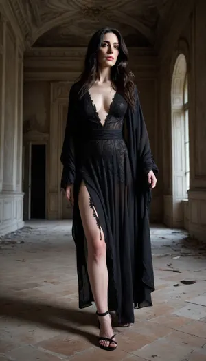 High contrast, black very very long hair, voluptuous figure, wide hips, 35 years old, sagged soft empty breasts, large oval areolae, shadow figure, pale white painted skin, mascara, mysterious haunting ghostlike presence, serious face expression, dancing gestures, (black high-heeled sandals, black transparent ornated robe, full body portrait in a Abandoned and heavy ruined baroque palace at night, few Autumn leaves on the palaces floor, Peeling paint on the walls, soot marks on the ceilings)