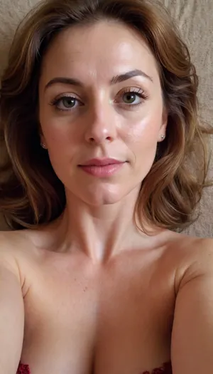 I am a 45-year-old housewife taking a selfie of my slightly hairy pussy while lying down.