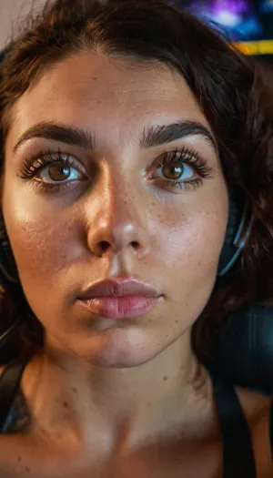 (27 Year old gamer girl:2), (headphones, twitch streamer, sitting in a gamer chair:1.5), (Mexican, warm undertone skin, freckles on her chest, freckles on face), (web cam snapshot, portrait, face portrait with emphasis on her eyes, close up of face, fisheye lens:1.5), (ring lighting, ringing lighting reflected in eyes), (Mexican features), (photorealistic, photo realistic, photorealism, photo realism:1.8), (4k, 8k, 8k resolution, best quality, ultra quality, highest quality, maximum quality, uncompressed, raw source photograph:1.2), (same honey color eyes, symmetric eyes, matching eyes, detailed eyes, detailed iris, detailed pupils, limbal ring around iris, perfectly round iris, perfectly round pupils:1.4), (detailed skin, high detailed skin, intricately detailed skin, perfectly detailed skin, high quality skin, highest quality skin, exquisitely textured skin), (intricate clothing, detailed clothing), (natural eyebrows, perfectly manicured eyebrows), (flushed cheeks, flushed neck, blushing cheeks, blushing neck), (overfilled lips, juicy lips, filled lips, puffy lips, glossy lips, her thick wet lips are slightly parted, nervously biting lower lip, lip bite, lip biting), (casual makeup, subtle makeup, natural makeup), (narrow jaw, delicate jawline, pointed jaw and chin, rounded face, larged face, pixie face, fairy face, fae features, extremely feminine face, round face, chin, mouth, high cheekbones, sharp cheekbones, faint vellus hairs, cute tall tall tall dimpled cheeks), (upturned button nose, upturned nose, delicate nose, nose), (long hair, wavey hair, loose hair framing her face, messy hair, tousled hair, bed hair, sex hair, black hair with dark roots), (eyes slightly crossed, big eyes, wide eyes, doe eyes, slightly wide set eyes), (striking eyes, captivating eyes, mesmerizing eyes, fae eyes), honey eyes with golden flecks, (huge breasts, large breasts, large natural saggy breasts), (athletic body, sporty body, lean body, muscular body, muscle shoulders, defined shoulders, rock climber body), (close up portrait of face, tight closeup of face, closely zoomed in on face, tight in on face, extreme closeup), (looking straight into the camera, looking straight ahead, head slightly raised, gazing lovingly straight into the camera, looking down on her from above), (she's in love, adoring gaze), (no nudes, nonnude), (relaxed posture, casual pose, casual outfit, casual attire, casual underwear), (loving expressing, adoring expression, joyous, joyful, pleased), (girlfriend, girlfriend material, girlfriend experience)