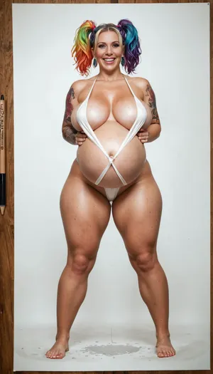 Russian beauty oversized bbw milf with oversized thick thighs. In erotical clothes. Rainbow hair with two maxi pigtails. Full body with tattoos. filigree of bright, rich colors. seductive posing, standig with spreanwide legs. horny face with busty opened mouth. Super clear, highly detailed watercolor, glaze technique, plus colored alcohol ink.
New mother, tits full of milk, pregnant titties, full breasts, (soft and jiggly boobs:1.5), (deep cleavage:.8), showing off her body in a sling bikini, huge curves barely contained, massive wide hips, small feet, small shoulders, small head