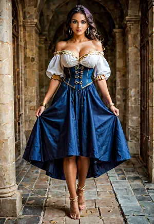 (Esmeralda from The Hunchback of Notre Dame), (large round breasts), (white, off-the-shoulder peasant blouse), (short and loose sleeves), (fitted corset-style bodice in teal blue with thin vertical gold lines), (deep purple, ankle-long and flowing layered skirt with white underskirt with a scalloped edge), (purple wrap around her waist with gold coin-like ornaments), (large gold hoop earrings), (gold bangles), (gold anklet), (barefoot), France, (eye contact:1.2), (looking at viewer:1.2), (full body shot:1.3), (front view:1.4), most beautiful light-green eyes, perfect female face, gypsy female, beautiful female model, horny expression, beautiful, gorgeous, seductive eyes, perfect ass, (perfectly shaped breasts), (dynamic pose:1.3), warm colours, ((textured skin)), 4k epic detail, shot on kodak, 35mm photo, sharp focus, cinemascope, epic, score_9, score_8_up, score_7_up, rating, explicit, best quality, ultra-detailed, masterpiece, finely detail, highres, 8k wallpaper, intricate, highly detailed, insanely detailed, best lighting, perfect illumination, (best illumination), (best shadow, best shadows), full scene picture, full-length photo, ((ultra-detailed)), (intricate details:.6), professional photography, photo-realism, award winning photography, dslr, hyperrealistic, 35 mm, (Fujifilm XT3, analog style, professional DSLR photo, film grain:.8), 8k high definition, Great Composition, highly complex, (intricate detail:1.2)