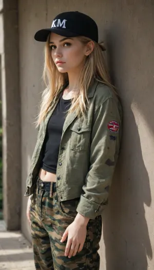 Anime, aesthetic, attention to detail, shadows, a small-minded girl with long blonde hair without outerwear in camouflage pants, a khaki topper and a baseball cap