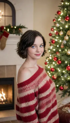 NSFW, Emma Myers/American actress, (((blue eyes))), (((dark, short hair, face-length))), decorating a Christmas tree. She wears a yellow and black striped knit sweater with bare shoulders and gray sweatpants. She is standing to the right of the tree, smiling as she hangs a gold and red ornament. The Christmas tree, positioned to the right of the image, is decorated with gold and red balls, white lights, and a gold star on top.

The background reveals a rustic and cozy living room, with warm lighting, a stone wall, and an arched ceiling. A crackling fireplace with a wooden frame is visible to the left, projecting a welcoming glow. Above the frame is a large tapestry with a colorful and detailed scene. Green garlands with small white lights hang from the frame and the stone wall, intensifying the festive atmosphere. A patterned rug covers the floor, and a brown leather sofa is positioned in front of the fireplace. The overall color palette of the image includes warm shades of brown, red, and green, contributing to the cozy and festive atmosphere. The photograph exudes a feeling of warmth, comfort, and Christmas cheer. emmamyers101, <lora:myers__dh_128_sdxl_v1b:2>, <lora:Emma_Myers_SDXL_101:.8>