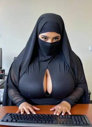 a 35 years old Mexican woman, woman is wearing black burka with cleavage, working on computer with keyboard, sitting, working on desk, busty, focused on cleavage, middle body photo, hyperrealistic photo, full hd, 8k
