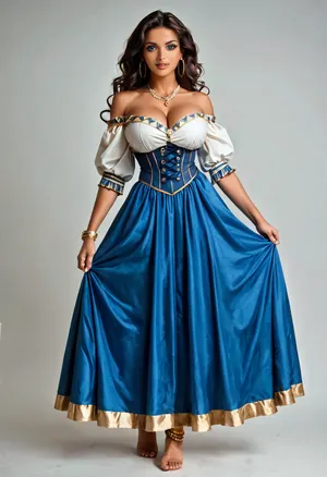 (Esmeralda from The Hunchback of Notre Dame), (large round breasts), (white, off-the-shoulder peasant blouse), (short and loose sleeves), (fitted corset-style bodice in teal blue with thin vertical gold lines), (deep purple, ankle-long and flowing layered skirt with white underskirt with a scalloped edge), (purple wrap around her waist with gold coin-like ornaments), (large gold hoop earrings), (gold bangles), (gold anklet around right ankle), (barefoot), France, (eye contact:1.2), (looking at viewer:1.2), (full body shot:1.3), (front view:1.4), most beautiful light-green eyes, perfect female face, gypsy female, beautiful female model, horny expression, beautiful, gorgeous, seductive eyes, perfect ass, (perfectly shaped breasts), (dynamic pose:1.3), warm colours, ((textured skin)), 4k epic detail, shot on kodak, 35mm photo, sharp focus, cinemascope, epic, score_9, score_8_up, score_7_up, rating, explicit, best quality, ultra-detailed, masterpiece, finely detail, highres, 8k wallpaper, intricate, highly detailed, insanely detailed, best lighting, perfect illumination, (best illumination), (best shadow, best shadows), full scene picture, full-length photo, ((ultra-detailed)), (intricate details:.6), professional photography, photo-realism, award winning photography, dslr, hyperrealistic, 35 mm, (Fujifilm XT3, analog style, professional DSLR photo, film grain:.8), 8k high definition, Great Composition, highly complex, (intricate detail:1.2), hinaigirl, <lora:MaybeBetterFaceInFullBodyLora_XL_rev3:.8>