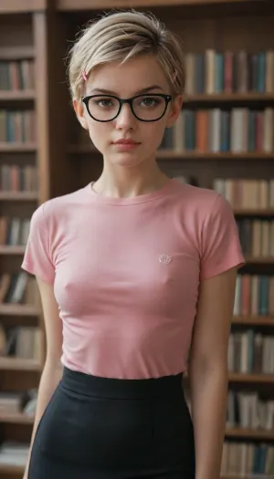 20 you, female, sweet, pretty face, bad bitch, seductive smirk, big pink lips, blonde, short pixie hairstyle, pink hairpins, brown eyes, perfect eyes, black glasses, Pink tight-fitting long-sleeved T-shirt, short tight black skirt, in library