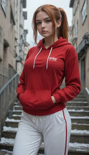 masterpiece, best quality, 1girl, solo, kmazm, orange hair, ponytail, long hair, hair between eyes, purple eyes, big breasts, red hoodie, white pants, sweatpants, hands in pockets, T, pout, v-shaped eyebrows, blush, cold, winter, stairs, city, grey sky