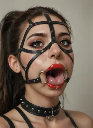 ((30 years old, Tipical italian girl, fit body, fake booobs, perfect cute face, curly very long brown hair in ponytail, brown eyes, light freckles, bimpo lips, skin pores, smooth skin, round ass, hips gap, oiled body)), ((heavy goth makeup, eyeshadow, eyeliner, mascara, red lipstick)), (slave collar), ((nose ring piercing, septum piercing:1.5)), (wearing a black thong), ((face harness gagged mouth:1.5)), ((drooling saliva from mouth, lot of saliva)), in a country apartment, chiaroscuro, style, dim, light, ball, gag, spider, bit, ring, <lora:add-detail-xl:1.3>, <lora:polyhedron_chiaroscuro-000005:.8>, <lora:detailed_notrigger:1.2>, <lora:gagged-4e:.8>