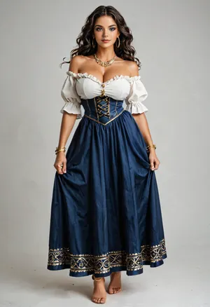 (Esmeralda from The Hunchback of Notre Dame), (large round breasts), (white, off-the-shoulder peasant blouse), (short and loose sleeves), (fitted corset-style bodice in teal blue with thin vertical gold lines), (deep purple, ankle-long and flowing layered skirt with white underskirt with a scalloped edge), (purple wrap around her waist with gold coin-like ornaments), (large gold hoop earrings), (gold bangles), (gold anklet around right ankle), (barefoot), France, (eye contact:1.2), (looking at viewer:1.2), (full body shot:1.3), (front view:1.4), most beautiful light-green eyes, perfect female face, gypsy female, beautiful female model, horny expression, beautiful, gorgeous, seductive eyes, perfect ass, (perfectly shaped breasts), (dynamic pose:1.3), warm colours, ((textured skin)), 4k epic detail, shot on kodak, 35mm photo, sharp focus, cinemascope, epic, score_9, score_8_up, score_7_up, rating, explicit, best quality, ultra-detailed, masterpiece, finely detail, highres, 8k wallpaper, intricate, highly detailed, insanely detailed, best lighting, perfect illumination, (best illumination), (best shadow, best shadows), full scene picture, full-length photo, ((ultra-detailed)), (intricate details:.6), professional photography, photo-realism, award winning photography, dslr, hyperrealistic, 35 mm, (Fujifilm XT3, analog style, professional DSLR photo, film grain:.8), 8k high definition, Great Composition, highly complex, (intricate detail:1.2)