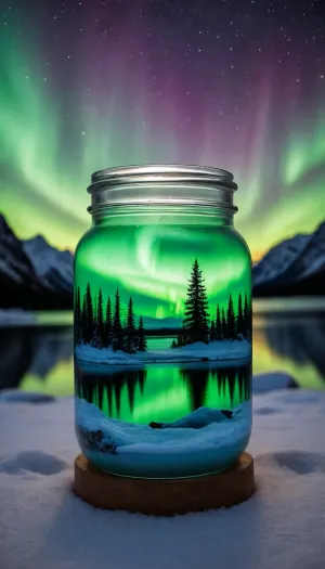 Capture a hyper-realistic 8K image of the Northern Lights sealed in a meticulously crafted glass jar, set against a backdrop of a pristine lake mirroring the breathtaking aurora borealis. Incorporate finely detailed trees dusted with snow, adding realistic and natural textures to the scene. Position the jar strategically between the viewer and the celestial display, creating a captivating foreground. The landscape and sky should seamlessly blend with the realistic snow surrounding the jar, constructing a flawless illusion where the Northern Lights, the encompassing landscape, and the reflecting lake appear to be perfectly contained within the jar. The jar sits on a bed of snow, illuminated subtly from within, enhancing the ethereal glow of the aurora. The composition should be expertly balanced, highlighting the delicate balance between the natural world and the otherworldly phenomenon. Every detail, from the crystalline structure of the snowflakes to the dynamic flow of the auroral curtains, must be rendered with unparalleled precision and clarity.