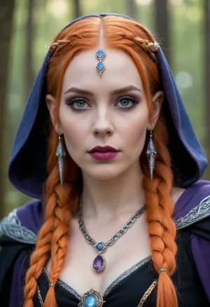 Woman, pale purple skin, red eyes, purple lipstick, long orange hair frames her face in braids, silver circlet with a gemstone, pointed elf-like ears, dark gray/black outfit with gold accents, cloak draped over her shoulders, massive breasts, massive hips, hourglass figure, calm/serious expression, glowing blue magical symbols on her left arm, misty forest background, fantasy setting