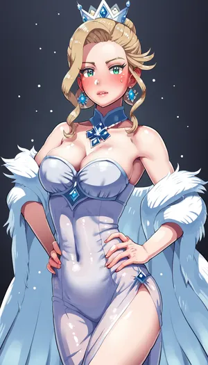 Fantasy, painting, Boris Vallejo, magical ice queen, diaphanous and translucent dress, the queen stands atop an snow capped mountain peak, hands on hips, storms rage but she is unaffected., green, eyes, blue, brown, perfecteyes, <lora:PerfectEyesXL:.8>