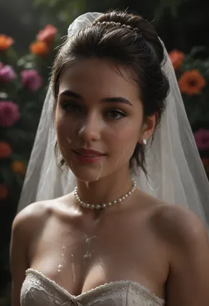 high resolution, high quality, dark scene at night, closeup of face, cute woman, cum on face, smile, pearl choker, pearl earrings, (Hair in elaborate updo:1.4), (((four loads of thick visible cum on her face:1.6))), cum dripping from face, cum on cleavage, (standing model posing, (wedding dress:1.2), (white corset:1.2), (wedding veil:1.3), (white lace gloves), cum is thick and white and clearly visible, exaggerated amounts of cum, very cute, smile, surrounded by cocks, out of focus colorful flowers in a romantic outdoor background, outdoors, on, face, bukkake, cum), bellissima, woman, cum, on, face, <lora:LesFemmesXL_v1.0:1.5>, <lora:dark:.4>, <lora:JustCum:1.4>, <lora:Jennifer_Connelly_Portrait_Lora-000002:1.2>