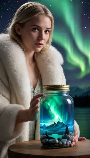 A beautiful woman dressed in a white fur coat holds a jar containing the Northern Lights and a lake inside. The aurora cascades from the sky into the jar, filling it with an arctic world. The ultra-detailed glass interior features meticulously detailed hands holding the jar, gazing through it with a stunned expression as the Northern Lights cascade from the sky into the jar. The jar is large.jar in ultra sharp close-up