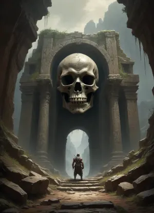 (Epic shot:1.2), of a lone warrior facing a colossal skull gate entrance carved into a mountain, ((skeletal details:1.3), dripping goo, weathered stone, ancient architecture, vines, roots, creepy, ominous), (fantasy art, dark fantasy:1.1), (highly detailed, intricate, gritty texture:1.2), volumetric lighting, dramatic shadows, muted dark colors, greens, browns, grays, desaturated, deep perspective, (digital painting, concept art by Frank Frazetta, Zdzisław Beksiński:1.3), grim, atmospheric, (masterpiece, best quality, ultra high resolution), sharp focus, professional artwork, award winning