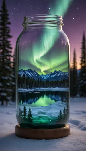 Capture a hyperrealistic 8K image of the Northern Lights sealed in a jar labeled "pornworks, " positioned between the viewer and the celestial spectacle. The jar is set against a backdrop of realistic snow, creating an illusion where the aurora borealis, detailed pine trees, and slender pine trees appear to be contained within the glass. The jar's texture is meticulously rendered, emphasizing its transparency and the reflections of the aurora's vibrant indigo and green hues. The background reveals a vast, starry night sky, with the ethereal glow of the aurora casting long shadows across the snowy landscape. The scene is bathed in nighttime lighting that highlights the texture, snow, and sharp pine needles encapsulated within. The focus, color, and texture gradations create a sense of depth and realism, with sharp focus that emphasizes the contents of the jar. The overall atmosphere should evoke a sense of wonder and magic.