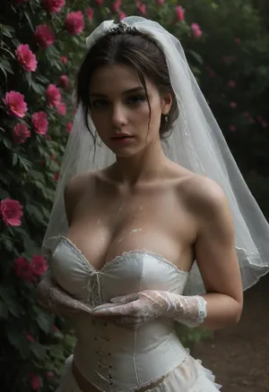 high resolution, high quality, dark scene at night, closeup of face, cute woman, smile, pearl choker, pearl earrings, (Hair in elaborate updo:1.4), (((multiple loads of thick visible cum on her face:1.6))), cum dripping from face, cum on cleavage, (standing model posing, (wedding dress:1.2), (white corset:1.2), (wedding veil:1.3), (white lace gloves), very cute, smile, out of focus colorful flowers in a romantic outdoor background, outdoors, on, face, bukkake, cum), bellissima, bukkake, cum, astonrichardsxl, <lora:Wet_Makeup__Runny_Mascara-000006:1.4>, <lora:LesFemmesXL_v1.0:2>, <lora:MS_Real_XL_Bukkake:2>, <lora:dark:.9>, <lora:astonrichardsxl:2>