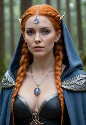 Woman, light purple skin, long orange hair frames her face in braids, silver circlet with a gemstone, pointed elf-like ears, dark gray/black outfit with gold accents, cloak draped over her shoulders, massive breasts, massive hips, hourglass figure, calm/serious expression, glowing blue magical symbols on her left arm, misty forest background, fantasy setting