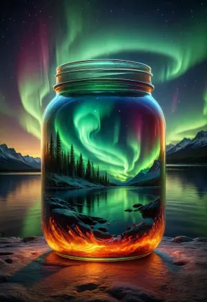 Northern Lights seen through a fine glass jar in the night sky above a large lake that reflects the aurora borealis like a mirror. The effect is that the aurora borealis appears to be inside the jar, as if it were inside and reflected in the lake like a mirror, enhancing the illusion of the aurora trapped in the jar., (Extremely high quality, ultra-detailed), (stunning Northern Lights), (crisp, intense lava-like colors that contrast with the sky), (sharp view through the jar), (photorealistic with photographic impact), (color gradation), (cinematic), (perfect contrast), ais-brknlvlmp, <lora:ais-brknlvlmp-sdxl:2>