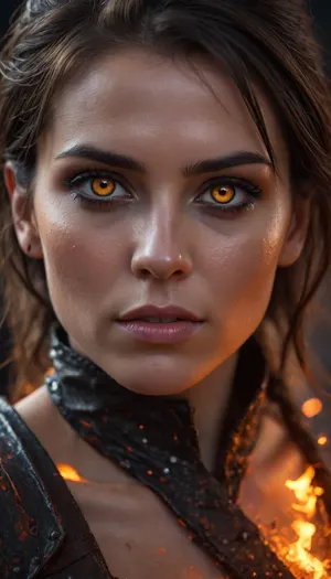 Ultra-realistic cinematic close-up portrait of a mysterious warrior woman emerging from darkness, her face partially covered in glowing embers and black ash, molten firereflected in her piercing orange eye, charred textures across her skin, deep dramatic lighting, hyper-detailed textures, 8K resolution, sharp focus on eye, dynamic sparks floating in the air, dark moody atmosphere, inspiredby dark fantasy and epic movie posters, shot on a Canon RF 85mm f/1.2 lens, extreme depth of field, volumetric lighting, ultra high contrast