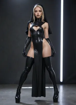 30 yo age sporty dancer body, caucasian swedish white blonde slutty princess, petite, narrow waist, narrow hips, body of an active beach volley girl, just slightly muscular thighs, perfect small round butt, she wears a black latex nun veil, her face reminds of Kelly Bundy character, ((kelly bundy tv show characters facial features)), wide latex collar, very white white leather choker, she wears a tight black latex bolero with silver buttons, few of buttons are open and reveal a narrow view to cleavage of hidden small perky silicone breasts. Ner nipples are not visible.Under bolero she wears an ankle long black latex dress with 2 extremely long slits revealing her hip bones and between slits theres a long narrow part all the way to her ankles which is covering her vagina.On her feet she wears thigh high black latex stockings and knee high black latex chrome buckled 8" stiletto heeled, platform stripper boots. Her inner thighs are slightly visible, outer thighs are covered by dress. Thigh gap. She stands legs slightly spread, shoes on floor of purple neon lit high class snob stripclub.Her breasts are mostly under bolero, nipples are not visible., ((Small round breasts are not visible, breasts are mostly covered)), . Dress reaches almost to floor.She stands in dark empty stripclubs stage lit by neon purple and pink and blue neon tubes, her sweatty skin shimmers.She wears long tight latex gloves. Dark purple eye makeup with dark lips, dark purple mascara, black eyeloner, long dark lashes, kcndress, nun, <lora:kcndress_SDXL_reg1_:.8>, <lora:Dark Nun (Pony):1.3>, <lora:gothboots-000006:1.6>, <lora:Corpsepaint_XL:1.5>