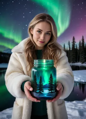 A beautiful woman in a white fur coat holds a jar containing the Northern Lights and a lake with snow-covered pine trees., (Inside the jar, the Northern Lights contrast with a night sky at the North Pole, reflected in the lake, filling it with a spectacular Arctic world), ., (Detailed textures, well-defined, colorful, and saturated Northern Lights in emerald green and magenta, a starry sky, and lake water reflecting the entire night sky, stars, and a few snow-covered pine trees are all meticulously detailed with intricate textures and perfect sharpness), (The image features meticulously detailed hands holding the jar. The jar is large. An ultra-sharp), (close-up, viewed from inside the jar with a 3/4 view prioritizes the interior of the jar), . and then the woman standing in the snow