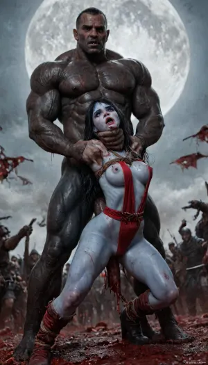 (vampirella:1.32), ((Vampirella is a tall, pale woman with a mane of raven-black hair and green eyes. Her look is that of a skimpy, red sling bathing suit barely covering her nipples and genitalia, with a golden bat emblem over the crotch. She wears an upturned white collar at her neck, long, high-heeled black boots, and a golden bracelet on one arm)), female drow elf barbarian, (blue skin:1.82), tall, angry, busty, curvy, thin waist, big boobs, big butt, slim, fit, vitiligo, strong, fur pelt armor, dungeons and dragons, purplish blue skin, black and purple hair, Dark, Elf, Warrior, Drow, tattooed, scarred, purple eyes, blue skin, amazon, giant, fur barbarian armor, bloody, blood spatter, bear, bear heart, (in a bloody filed after a battle, white full moon in the sky:1.4), (man is choking her from behind:1.2), ((hogtied, bound with large chains, crucified to a torture table, spikes through hands:1.3)), (torture:1.32), (large sharp sword in anus:1.12), cock in mouth, (brutal face fuck), Blowjob, (tears in eyes:1.5), (running makeup), (cum drips from nose:1.3), (cum drips from mouth:1.3), ultra hd, photorealistic, hyper gigantic large black cock in mouth, (((hyper gigantic large black cock in mouth:1.3))), gangbang, double anal penetration, anal spitroast, groupsex, deepthroat, (4 gigantic African black brute thug, huge trunklike arms, huge head, hyper muscular body, dressed in slave clothes:1.32), ((hogtied, bound for sex, tied up)), (((hyper gigantic large white cock in mouth:1.3))), (pulled nipples:1.2), nipple clamps, (((spitroast))), (((hyper large cock in mouth:1.3))), screaming, shocked, deep anal penetration, Uber realistic, 8k, ultra detailed, masterpiece, arched back, detailxl, 35mm photograph, film, professional, 4k, 1girl, 5 boys, hdr, photographic, ultra realistic, ultra high details, back light, (front view), (dynamic pose), best quality, incredibly lean body, anal sex, with large muscular black men, gargantuan black cocks, large hyper muscular fat old men, (double anal sex), swollen white veiny cocks, (double anal penetration), hardcore double penetration, proper physics, big white cocks, muscular white double anal gangbang, (forceful penetrations), extremely graphic, beautiful hands, defeating a woman in combat, fighting, killing, blood, winning fight, magazine cover, Realism_Quality_2xx_By_Stable_Yogi, score_9, score_8_up, score_7_up, (((very pretty face:1.3))), (((extremely ultra detailed face:1.3))), perfect fingers and hands, upper body view, (extreme size difference:1.6), (ultra realistic), (maximum quality), (high resolution), (extreme detail), (ultra realism), UHD, super high quality, highly detailed, high resolution, perfect lighting, natural lighting, (dynamic angle), (random angle), (random pose), (dynamic view), (random view), golden hour, rich details, nature-inspired color palette, <lora:Dark_Elf_Warrior:2>, <lora:Drow:2>, <lora:zavy-brbrn-sdxl:2>, <lora:LCMTurboMix_Euler_A_fix:2>