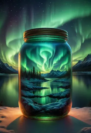 First-person view of the breathtaking Northern Lights, with arm raised and pointing towards the northern night sky above a large lake that reflects the aurora borealis like a mirror. The effect is that the Northern Lights appear inside the jar, as if they were inside it and reflected on the lake, enhancing the illusion of the aurora trapped within the jar., (Ultra high quality, ultra detailed, stunning Northern Lights, crisp and intense colors contrasting with the sky, clear view through the jar, realistic photo with photographic impact, color gradation, perfect contrast), ais-brknlvlmp, <lora:ais-brknlvlmp-sdxl:2>