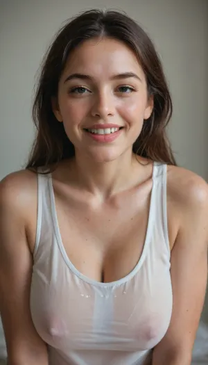 Masterpiece, Real, realistic, realism, score_8, (Chinese girl), solo, SOFT natural saggy large_breasts, squeezed cleavage, squeezed breasts, (square_face), round chin, small nose, big bright smile, large mouth, open mouth, tongue out, bucked teeth, natural teeth, uneven teeth, (tiny_eyes), beady eyes, thin eyebrows. very long fringes, oily hair, no makeup, freckles, pimple, acne. Sleeveless transparent uniform.