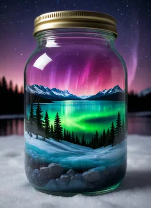 Seal the Northern Lights in a Jar. North Pole, with a glass jar between the viewer and the sky and landscape, low angle capturing the stunning Northern Lights through the jar with intense and detailed colors. The intense aurora borealis, the lake, the pines, and everything inside the jar as if they were inside the glass. Realistically textured snow, starry sky, Northern Lights, indigo green, (high-quality hyper-realistic glass texture and sharp focus through the glass, reflections in the lake, professional color gradient, high-angle close-up shot, sharp edges, detailed, cinematic hyper-realistic 8K illuminated by the night light, reflections in the lake and snow), ., (ultra hight quality, ultra high resolution:1.5), close_up_detailed_shot_of1, <lora:close_up_detailed_shot_of1:.8>