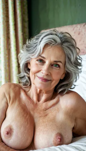 a curvy 69 year old english woman with tousled shaggy messy grey hair and green eyes and big breasts and pale skin and no makeup lying prone on bed, perfect eyes, topless, smiling, perfect nipples, side view