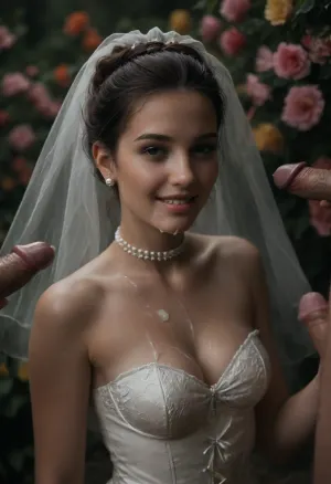 high resolution, high quality, dark scene at night, closeup of face, cute woman, cum on face, smile, pearl choker, pearl earrings, (Hair in elaborate updo:1.4), (((four loads of thick visible cum on her face:1.6))), cum dripping from face, cum on cleavage, (standing model posing, (wedding dress:1.2), (white corset:1.2), (wedding veil:1.3), (white lace gloves), cum is thick and white and clearly visible, exaggerated amounts of cum, very cute, smile, surrounded by cocks, out of focus colorful flowers in a romantic outdoor background, outdoors, on, face, bukkake, cum), bellissima, astonrichardsxl, woman, cum, on, face, <lora:LesFemmesXL_v1.0:1.5>, <lora:dark:.4>, <lora:astonrichardsxl:1>, <lora:JustCum:1.4>