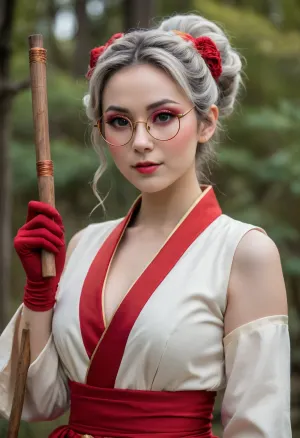 Elf woman, pointed elf ears, playful/confident expression, winking, adjusting large round thick red rimmed glasses, red eyes, red eyeshadow, light gray wavy hair in a messy bun, traditional-inspired clothing with modern fantasy elements, sleeveless cream-colored top with gold accents red and gold trim and a deep neckline, loose, long-sleeved cream-colored jacket with red accents, prominent chest, red sash with gold details around her waist, long dark blue loincloth, dark blue gloves, holding a long and thin traditional Japanese wooden/golden smoking stick with a decorative design, confident/charming pose, curvy figure, large breasts, large hips, thin waist, simple village in the background, Japanese aesthetic, fantasy setting