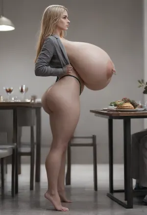 woman, Gorgeous british businesswoman standing against dinner table, 30 years old, thin body, (blonde hair:1.5), (huge boobs:1.8), (slim body), ((big round ass:1.1)), (looking away:1.7), (wearing grey suit:1.9), ((shows boobs:1.9)), ((shows thong:1.9)), ((full body side view:1.7)), (gigantic breast:1.3), (huge thighs:.3), long hair, (large heavy nipple rings:1.5), big breast nipple rings piercing, angel wings around body, full body view