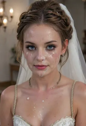 high resolution, high quality, dark scene at night, closeup of face, cute woman, smile, pearl choker, pearl earrings, (Hair in elaborate updo:1.4), (((ropes of thick visible cum on her face:1.6))), cum dripping from face, cum on cleavage, (standing model posing, (wedding dress:1.2), (white corset:1.2), (wedding veil:1.3), (white lace gloves), very cute, smile, out of focus colorful flowers in a romantic outdoor background, outdoors, on, face, bukkake, cum), bellissima, bukkake, cum, 4m1c14, d3, Run3, 1girl, brunette, blue, eyes, freckles, clothing, undershirt, trousers, breeches, necklace, braided, ribbon, <lora:Wet_Makeup__Runny_Mascara-000006:1.4>, <lora:LesFemmesXL_v1.0:2>, <lora:MS_Real_XL_Bukkake:2>, <lora:Amicia_de_Rune:1.4>