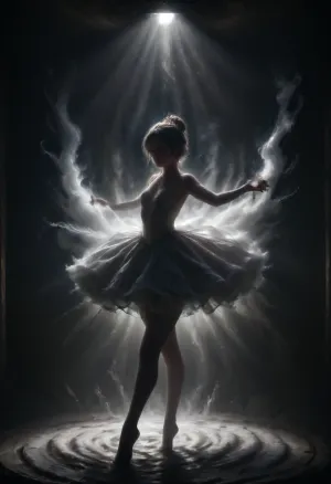 Inside a delicate snow globe, full body view of a young ballerina, about 22 years old, is captured in a breathtaking, photorealistic scene. She stands en pointe, surrounded by gently swirling, artificial snowflakes. Her hair floats gracefully around her head, as if underwater, adding a dreamy, ethereal quality. Instead of a tutu, she wears a flowing dress that billows horizontally as she twirls, capturing the movement and grace of ballet. The snow globe’s interior is filled with a soft, glowing light, creating a magical ambiance. Every detail, from the ballerina’s serene expression and delicate features to the intricate texture of her dress and the horse’s gentle, detailed muzzle pressed against hers, is captured with stunning clarity. The stable background is softly blurred, ensuring the focus remains on this intimate, magical connection, ultra-sharp details, realistic skin texture, refined contrast, 8k detail, authentic facial expression, clean composition, (maximum photo quality:1.4), (maximum resolution:1.5), longnips, zavy-rmlght, SnowFall, Blizzard, cloudy, smoke, atmospheric, clouds, fog, <lora:MJ52:.5>, <lora:dark:.1>, <lora:zavy-rmlght-sdxl:.8>, <lora:SnowFallXL:1.8>, <lora:Cloudy_Style:.5>