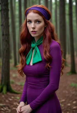 Woman, soft long wavy deep red hair, thin purple headband, surprised/curious expression, tight fitted purple dress with long sleeves, bright green loosely tied neckerchief, hourglass figure, athletic build, dark forest, nighttime, spooky ambiance