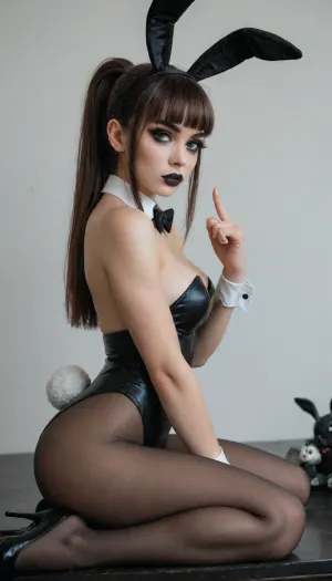 (Brunette girl:1.3), (gothic makeup:1.3), (Solo), (detailed natural hand finger:1.3), long black ponytail hair, ((fringe hair)), ((big black eyes)), ((black lips)), ((medium breast)), ((black thick eyelash)), ((black thick eyebrow)), ((black thick eyeliner)), bunny suit, rabbit tail, shiny black leotard, Sleek bunny ears headband, Detachable collar with bow tie, Signature cuffs with cufflinks, Plush bunny tail, pantyhose, black high heels, score_9, score_8_up, score_7_up, white background, full body back side view, sitting down table