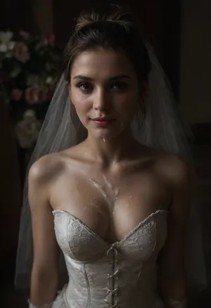 high resolution, high quality, closeup of face, well-lit beautiful 42 years old blonde woman, cum on face, (Hair up in elaborate bun:1.4), (((loads of thick visible cum on her face:1.6))), cum dripping from face, cum on cleavage, (standing model posing, (wedding dress:1.2), (white corset:1.2), (wedding veil:1.3), (white lace gloves), very cute, smile, out of focus colorful flowers in a romantic outdoor background, on, face, bukkake, cum), bukkake, woman, <lora:MS_Real_XL_Bukkake:2>, <lora:JustCum:2>, <lora:dark:.3>