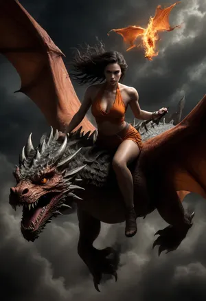 043., (((This image portrays a dynamic and intense scene of a busty woman riding a powerful dragon through the sky. The woman riding the dragon is positioned in the foreground, her body bent forward . She has long, dark, braided hair that is being blown by the wind, indicating the high speed at which they are soaring. She wears a simple yet striking outfit consisting of an orange halter top and shorts, which emphasize both her strength and agility. Her posture suggests confidence and mastery as she firmly grips onto the dragon's neck, and her eyes are focused on the horizon. The wind and the motion of the flight are clearly visible in her body language, emphasizing her bond with the creature.:2))), .



The dragon is immense, with detailed, scaly skin in shades of green and gold. Its head is fierce and highly expressive, with large, glowing yellow eyes and sharp, prominent teeth. The dragon's horns are large and angular, with a menacing curve to them. Its mouth is open, revealing the intensity of its flight and the power it holds. The body of the dragon is muscular, built for strength and speed, and its wings are large and expansive, with a texture resembling thick leather. The edges of the wings are sharp and covered in small spines, enhancing the intimidating look of the creature. The dragon's claws are visible and appear sharp, digging into the air as it soars.

The background of the image is filled with dramatic lighting and a sense of motion. The surrounding environment is a cool, icy blue, with swirling mist or dust giving the sense of high altitudes or a stormy sky. The lighting casts an ethereal glow, particularly on the woman's gown and the dragon's features, which enhances the fantastical nature of the scene., <lora:dark:.8>