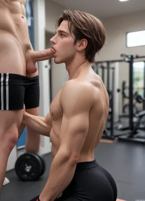 Male, muscle, spandex, big ass, bubble ass, black spandex, topless, background gym, gay blowjob, side view