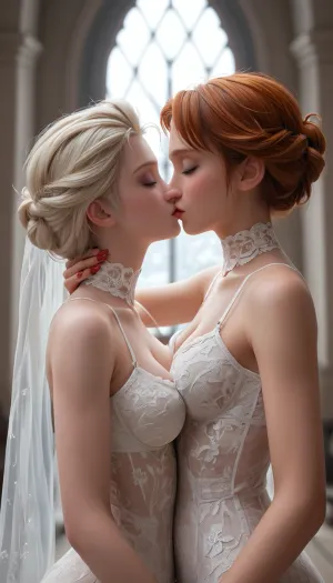 Anna and Elsa from the movie Frozen, Elsa standing behind Anna, Anna standing in front of Elsa, lesbian, perfect bodies, perfect hands, erotic black and white lace lingerie, beautiful breasts, Elsa holding Anna breasts in both hands, messy wild updo hairstyle, closed eyes, Elsa gently kissing neck from behind, ((neck kissing)), gently caressing flawless breasts, glossy red fingernails, side view, best quality, masterpiece