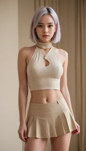 Beige halter-neck top with button details, frayed edges, and a structured fit., Matching beige pleated mini skirt with a layered waistband and subtle texture., Minimalist gold necklace for a refined touch.



emilia, re, zero, anime, <lora:emilia_v0.0.1:.8>, <lora:futanari_XL:2>, <lora:anime_sdxl_v1:.8>